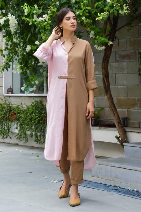 Shop Gulaal Brown Cotton Mandarin Collar High Low Color Block Kurta And Pant Set Online at Aza Fashions Shop_Gulaal_Brown Cotton Mandarin Collar High Low Color Block Kurta And Pant Set_Online_at_Aza_Fashions