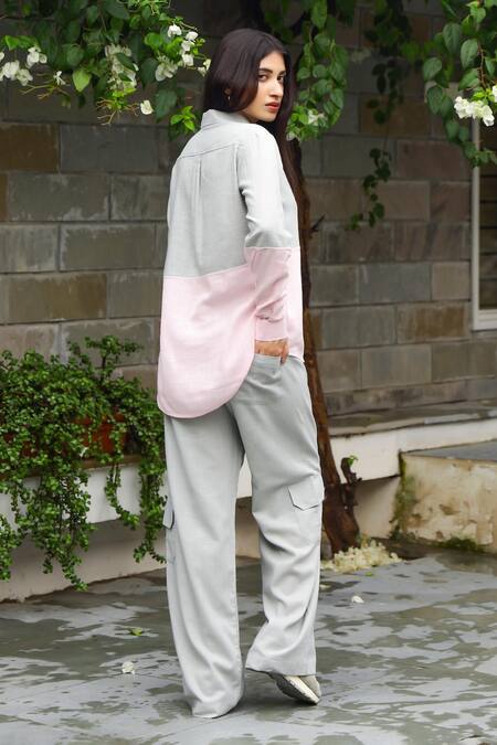 Shop Gulaal Grey Cotton Collared Color Block Asymmetric Shirt And Cargo Pant Set at Aza Fashions Shop_Gulaal_Grey Cotton Collared Color Block Asymmetric Shirt And Cargo Pant Set_at_Aza_Fashions
