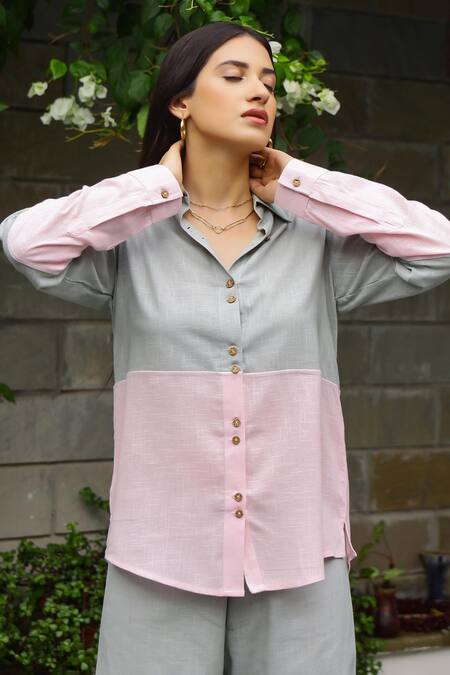 Buy Gulaal Grey Cotton Collared Color Block Asymmetric Shirt And Cargo Pant Set Online at Aza Fashions Buy_Gulaal_Grey Cotton Collared Color Block Asymmetric Shirt And Cargo Pant Set_Online_at_Aza_Fashions
