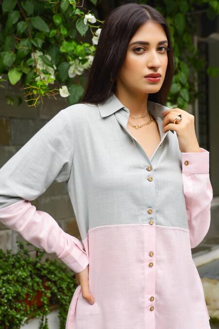 Buy Gulaal Grey Cotton Collared Color Block Asymmetric Shirt And Cargo Pant Set Buy_Gulaal_Grey Cotton Collared Color Block Asymmetric Shirt And Cargo Pant Set