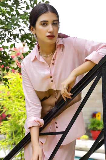 Gulaal_Pink Cotton Collared Color Block High-low Shirt And Cargo Pant Set_Online_at_Aza_Fashions