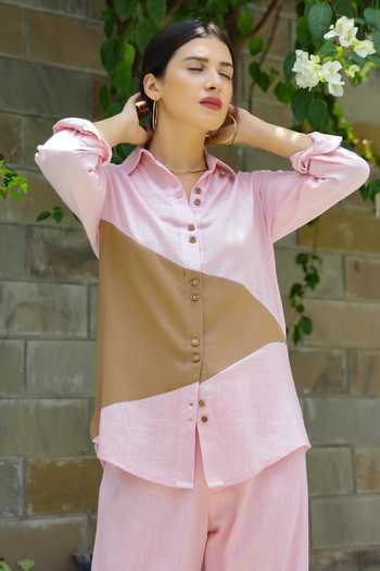 Shop_Gulaal_Pink Cotton Collared Color Block High-low Shirt And Cargo Pant Set_Online_at_Aza_Fashions