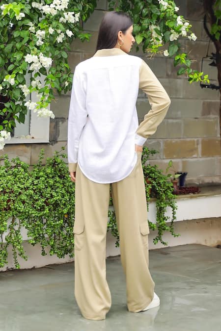 Shop Gulaal Green Cotton Collared Color Block Asymmetric Shirt With Cargo Pant Set at Aza Fashions Shop_Gulaal_Green Cotton Collared Color Block Asymmetric Shirt With Cargo Pant Set _at_Aza_Fashions