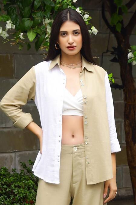 Gulaal Green Cotton Collared Color Block Asymmetric Shirt With Cargo Pant Set Online at Aza Fashions Gulaal_Green Cotton Collared Color Block Asymmetric Shirt With Cargo Pant Set _Online_at_Aza_Fashions