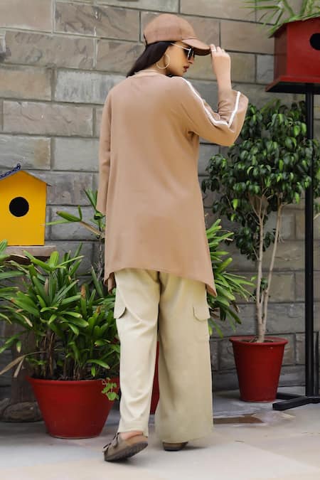Shop_Gulaal_Brown Cotton Lace V-neck A-line Tunic With Cargo Pant _at_Aza_Fashions