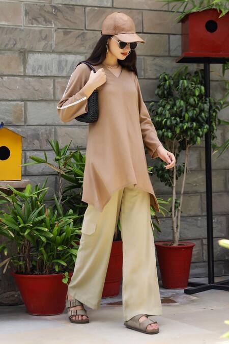 Gulaal_Brown Cotton Lace V-neck A-line Tunic With Cargo Pant _Online_at_Aza_Fashions