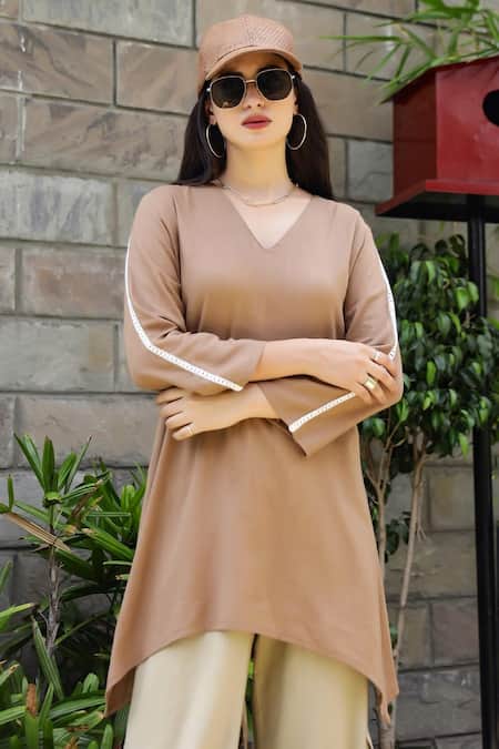 Buy_Gulaal_Brown Cotton Lace V-neck A-line Tunic With Cargo Pant _Online_at_Aza_Fashions