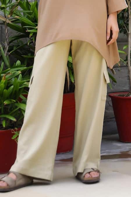 Shop_Gulaal_Brown Cotton Lace V-neck A-line Tunic With Cargo Pant _Online_at_Aza_Fashions