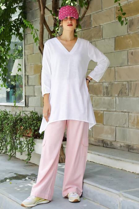Gulaal_White Cotton Lace V-neck A-line Tunic And Cargo Pant_at_Aza_Fashions