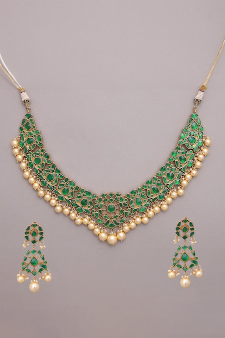 MAISARA JEWELRY Green Stone And Pearl Embellished Floral Cut Work Jadau Necklace Set