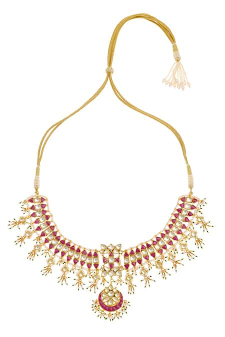 Buy_MAISARA JEWELRY_Red Stones, Beads, Pearls Geometric Cut Work Jadau Necklace Set _Online_at_Aza_Fashions