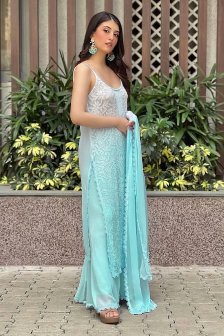 LABEL AISHWARYRIKA Dreamy Lagoon Chikankari Embroidered Ombre Kurta Palazzo Set 