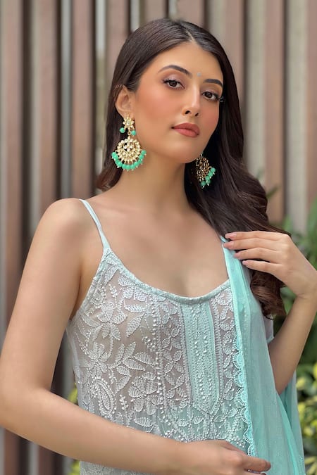 LABEL AISHWARYRIKA_Blue Georgette Embroidery Dreamy Lagoon Chikankari Ombre Kurta Palazzo Set _Online_at_Aza_Fashions