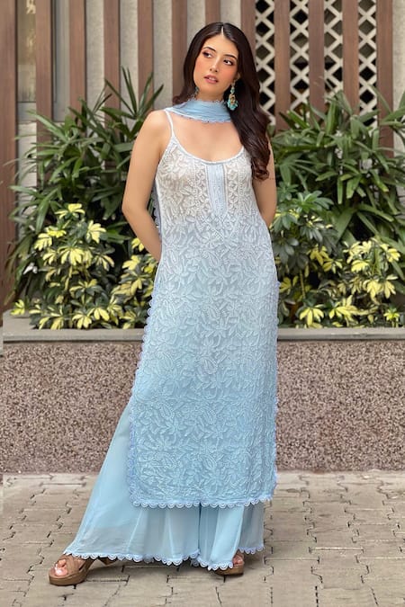 LABEL AISHWARYRIKA Blue Georgette Embroidered Dreamy Frost Ombre Kurta Palazzo Set 