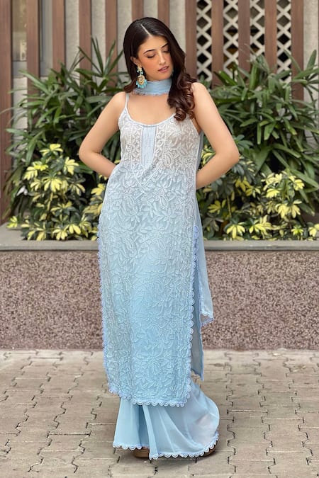 LABEL AISHWARYRIKA Dreamy Frost Ombre Chikankari Embroidered Kurta Palazzo Set 