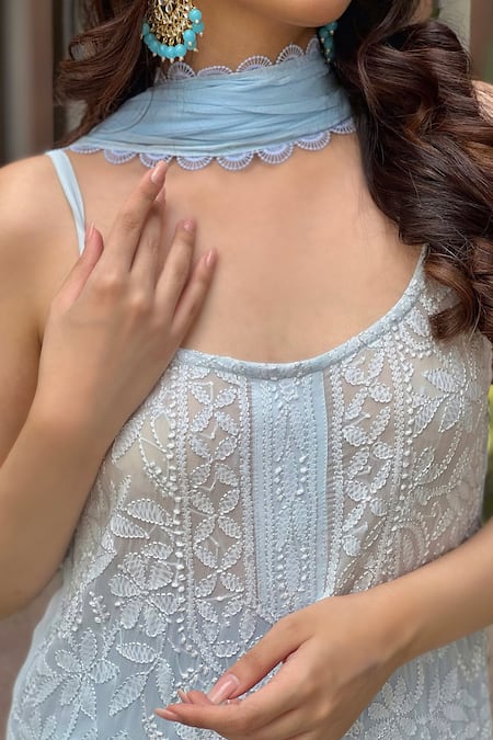 Buy_LABEL AISHWARYRIKA_Blue Georgette Lace, Embroidery Dreamy Frost Ombre Chikankari Kurta Palazzo Set _Online_at_Aza_Fashions