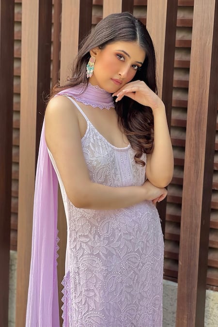 LABEL AISHWARYRIKA_Purple Georgette Embroidery Dreamy Pastel Chikankari Strappy Kurta Palazzo Set _Online_at_Aza_Fashions