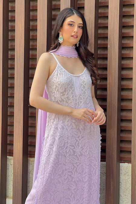 Buy_LABEL AISHWARYRIKA_Purple Georgette Embroidery Dreamy Pastel Chikankari Strappy Kurta Palazzo Set _Online_at_Aza_Fashions