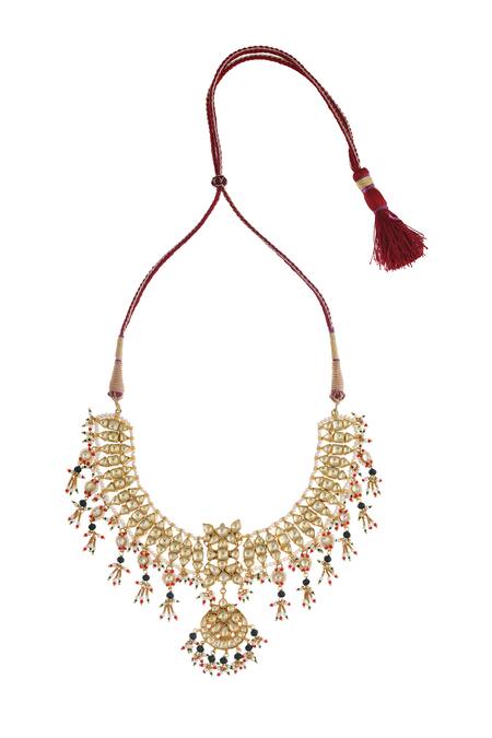 Buy_MAISARA JEWELRY_Gold Plated Stones, Beads, Pearls Crescent Cut Work Jadau Necklace Set _Online_at_Aza_Fashions