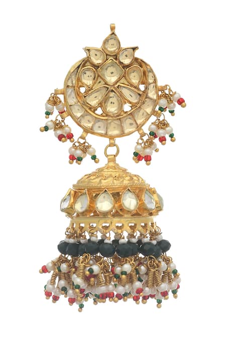 Shop_MAISARA JEWELRY_Gold Plated Stones, Beads, Pearls Crescent Cut Work Jadau Necklace Set _Online_at_Aza_Fashions