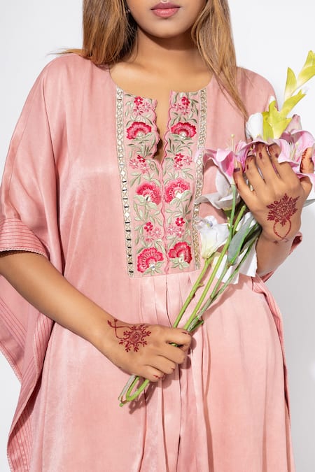 Nemaani_Pink Satin, Modal Mirrors, Embroidery V-neck Kaftan Tunic And Salwar Set _Online_at_Aza_Fashions
