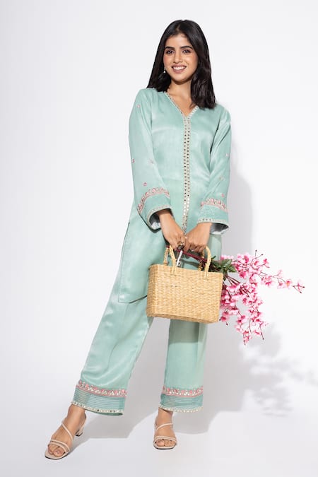 Nemaani Blue Mohair, Satin Embroidery V-neck Mirror Tunic And Pant Set