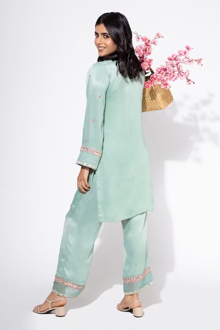 Shop Nemaani Blue Mohair, Satin Embroidery V-neck Mirror Tunic And Pant Set at Aza Fashions Shop_Nemaani_Blue Mohair, Satin Embroidery V-neck Mirror Tunic And Pant Set _at_Aza_Fashions
