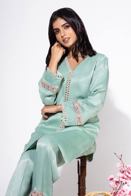 Nemaani Blue Mohair, Satin Embroidery V-neck Mirror Tunic And Pant Set Online at Aza Fashions Nemaani_Blue Mohair, Satin Embroidery V-neck Mirror Tunic And Pant Set _Online_at_Aza_Fashions