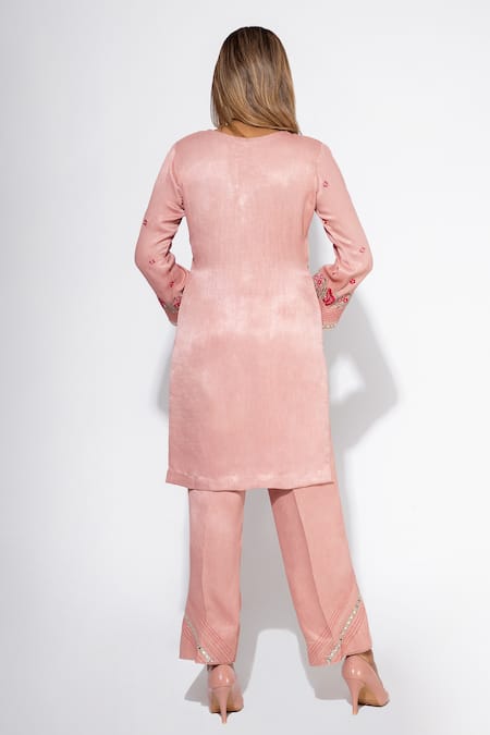 Shop Nemaani Pink Modal, Satin Mirrors, Embroidery V-neck Resham Tunic And Pant Set at Aza Fashions Shop_Nemaani_Pink Modal, Satin Mirrors, Embroidery V-neck Resham Tunic And Pant Set _at_Aza_Fashions