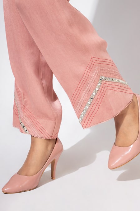 Buy Nemaani Pink Modal, Satin Mirrors, Embroidery V-neck Resham Tunic And Pant Set Online at Aza Fashions Buy_Nemaani_Pink Modal, Satin Mirrors, Embroidery V-neck Resham Tunic And Pant Set _Online_at_Aza_Fashions