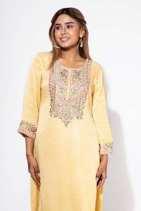 Buy Nemaani Yellow Modal Embroidery Round Neck Thread And Mirror Yoke Kurta Salwar Set Online at Aza Fashions Buy_Nemaani_Yellow Modal Embroidery Round Neck Thread And Mirror Yoke Kurta Salwar Set _Online_at_Aza_Fashions