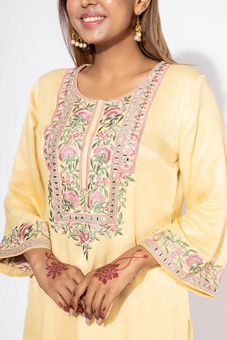 Shop Nemaani Yellow Modal Embroidery Round Neck Thread And Mirror Yoke Kurta Salwar Set Online at Aza Fashions Shop_Nemaani_Yellow Modal Embroidery Round Neck Thread And Mirror Yoke Kurta Salwar Set _Online_at_Aza_Fashions