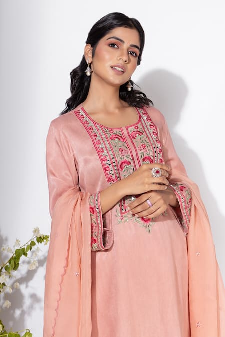 Shop Nemaani Pink Modal, Chiffon Embroidery, Mirrors Round Neck And Thread Kurta Pant Set at Aza Fashions Shop_Nemaani_Pink Modal, Chiffon Embroidery, Mirrors Round Neck And Thread Kurta Pant Set _at_Aza_Fashions