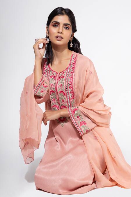 Buy Nemaani Pink Modal, Chiffon Embroidery, Mirrors Round Neck And Thread Kurta Pant Set Online at Aza Fashions Buy_Nemaani_Pink Modal, Chiffon Embroidery, Mirrors Round Neck And Thread Kurta Pant Set _Online_at_Aza_Fashions