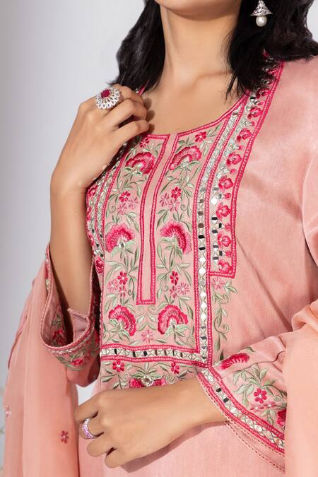 Shop Nemaani Pink Modal, Chiffon Embroidery, Mirrors Round Neck And Thread Kurta Pant Set Online at Aza Fashions Shop_Nemaani_Pink Modal, Chiffon Embroidery, Mirrors Round Neck And Thread Kurta Pant Set _Online_at_Aza_Fashions