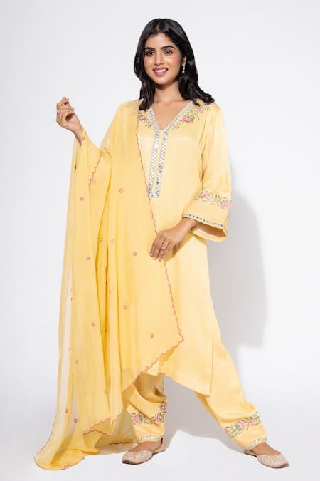 Nemaani Yellow Modal Embroidery, Mirrors V-neck Floral Kurta Salwar Set