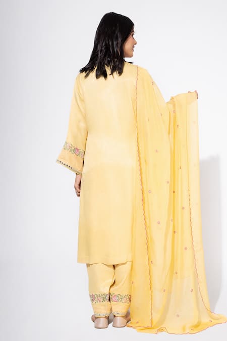 Shop Nemaani Yellow Modal Embroidery, Mirrors V-neck Floral Kurta Salwar Set at Aza Fashions Shop_Nemaani_Yellow Modal Embroidery, Mirrors V-neck Floral Kurta Salwar Set _at_Aza_Fashions