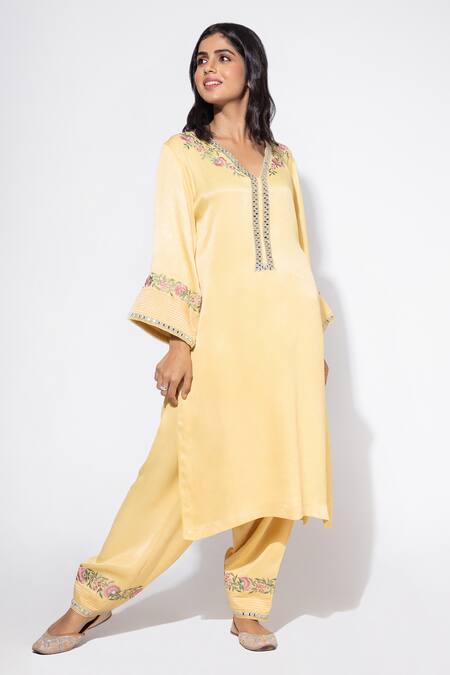 Buy Nemaani Yellow Modal Embroidery, Mirrors V-neck Floral Kurta Salwar Set Online at Aza Fashions Buy_Nemaani_Yellow Modal Embroidery, Mirrors V-neck Floral Kurta Salwar Set _Online_at_Aza_Fashions