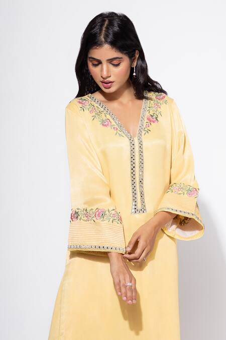 Shop Nemaani Yellow Modal Embroidery, Mirrors V-neck Floral Kurta Salwar Set Online at Aza Fashions Shop_Nemaani_Yellow Modal Embroidery, Mirrors V-neck Floral Kurta Salwar Set _Online_at_Aza_Fashions