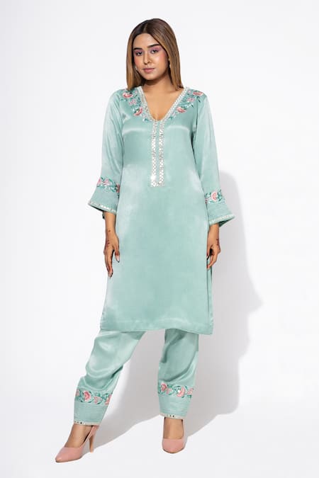 Nemaani Floral Resham & Mirror Embroidered Kurta Salwar Set 