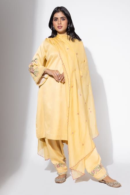 Nemaani Yellow Modal, Satin, Muslin Embroidery, Mirrors Round And Thread Kurta Salwar Set