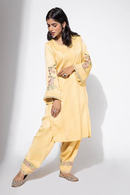 Shop Nemaani Yellow Modal, Satin, Muslin Embroidery, Mirrors Round And Thread Kurta Salwar Set Online at Aza Fashions Shop_Nemaani_Yellow Modal, Satin, Muslin Embroidery, Mirrors Round And Thread Kurta Salwar Set _Online_at_Aza_Fashions