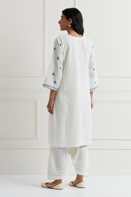 Shop Nemaani Off White Cotton Embroidery Round Neck Tonal Thread Kurta And Salwar Set at Aza Fashions Shop_Nemaani_Off White Cotton Embroidery Round Neck Tonal Thread Kurta And Salwar Set _at_Aza_Fashions