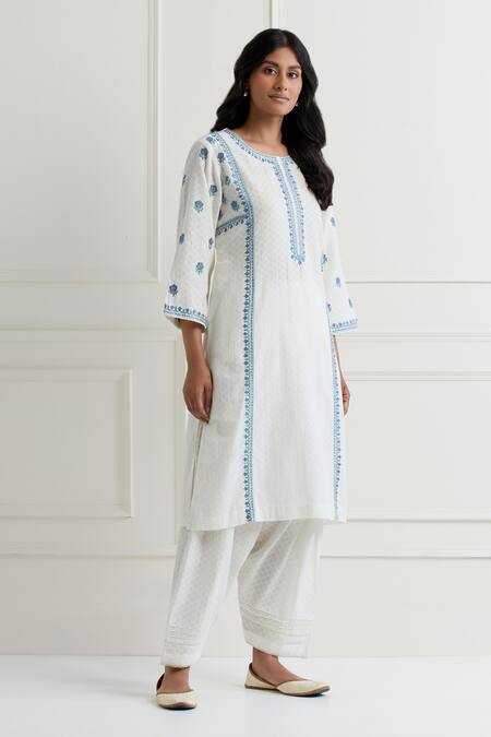 Nemaani Off White Cotton Embroidery Round Neck Tonal Thread Kurta And Salwar Set Online at Aza Fashions Nemaani_Off White Cotton Embroidery Round Neck Tonal Thread Kurta And Salwar Set _Online_at_Aza_Fashions