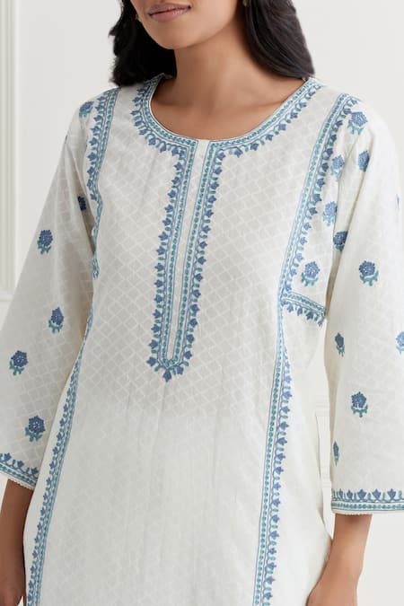 Buy Nemaani Off White Cotton Embroidery Round Neck Tonal Thread Kurta And Salwar Set Online at Aza Fashions Buy_Nemaani_Off White Cotton Embroidery Round Neck Tonal Thread Kurta And Salwar Set _Online_at_Aza_Fashions