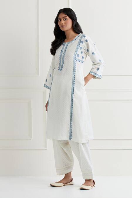 Shop Nemaani Off White Cotton Embroidery Round Neck Tonal Thread Kurta And Salwar Set Online at Aza Fashions Shop_Nemaani_Off White Cotton Embroidery Round Neck Tonal Thread Kurta And Salwar Set _Online_at_Aza_Fashions
