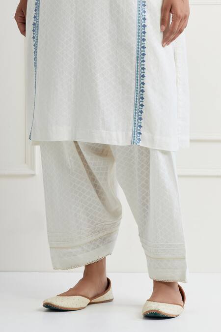 Nemaani Off White Cotton Embroidery Round Neck Tonal Thread Kurta And Salwar Set at Aza Fashions Nemaani_Off White Cotton Embroidery Round Neck Tonal Thread Kurta And Salwar Set _at_Aza_Fashions