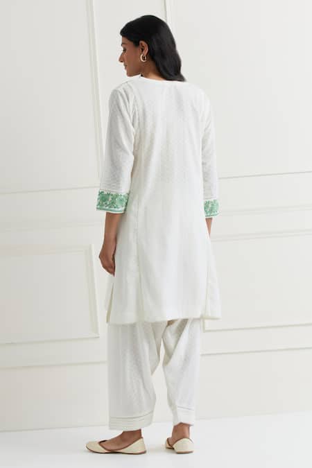Shop Nemaani Off White Cotton Embroidery, Lace V-neck Thread Kurta And Pant Set at Aza Fashions Shop_Nemaani_Off White Cotton Embroidery, Lace V-neck Thread Kurta And Pant Set _at_Aza_Fashions