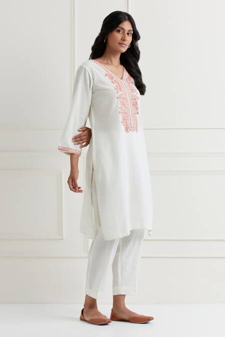 Shop Nemaani Off White Cotton Embroidery V-neck Tonal Thread Kurta And Pant Set Online at Aza Fashions Shop_Nemaani_Off White Cotton Embroidery V-neck Tonal Thread Kurta And Pant Set _Online_at_Aza_Fashions