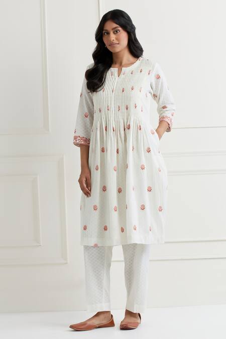 Shop_Nemaani_Off White Cotton Embroidery Collared Tonal Thread Work Kurta Pant Set _Online_at_Aza_Fashions